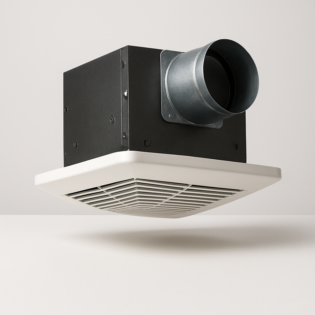 larger white ceiling exhaust unit with broad grille photographed from a front angle