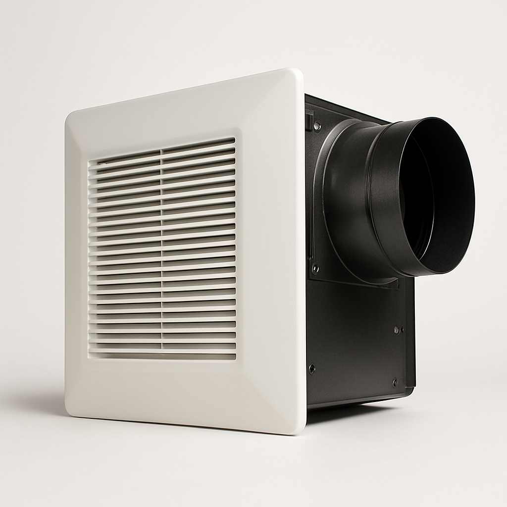open metal fan housing with deep blower wheel and side duct port on a grey surface