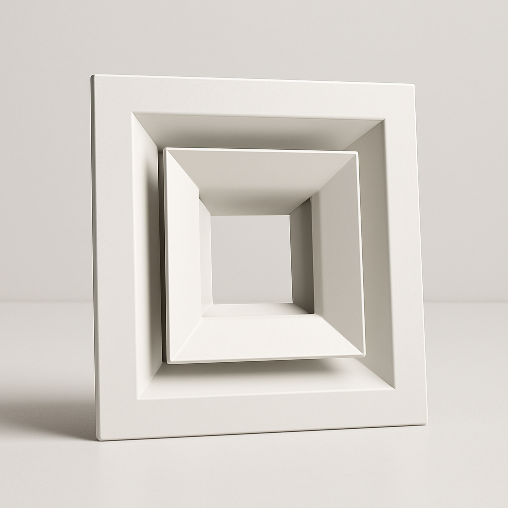 rectangular white metal vent face with two opposing louvered throw sections