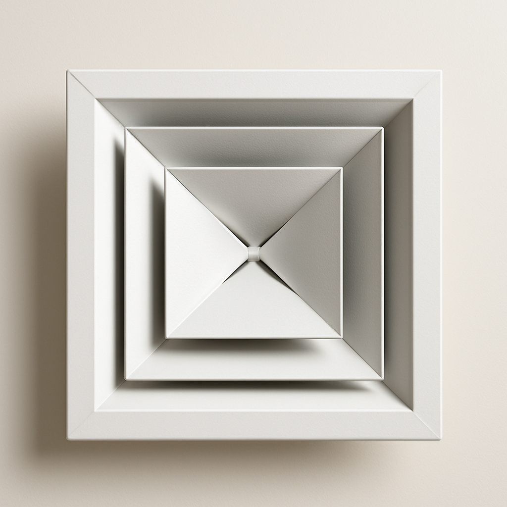 white square air diffuser with three louvered sides and one closed edge