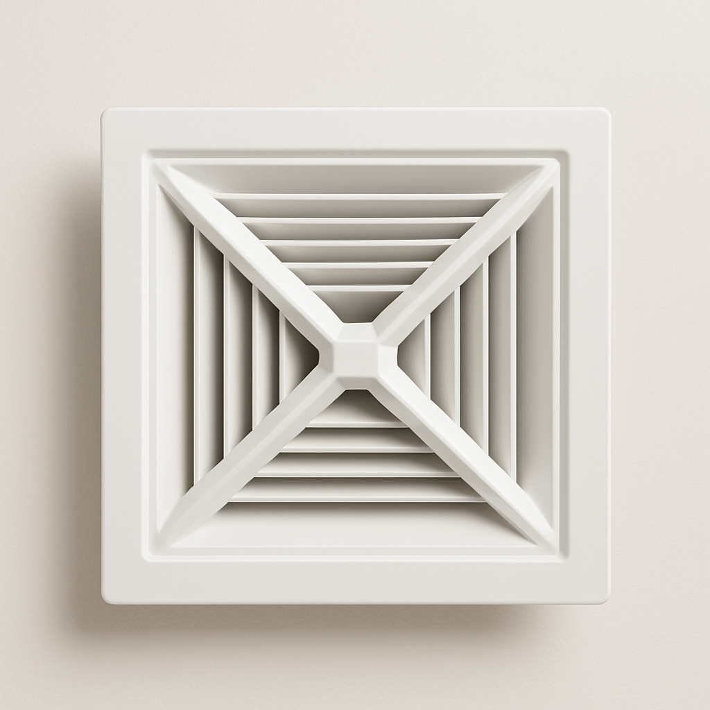angled view of a metal directional vent for perimeter airflow on a plain surface