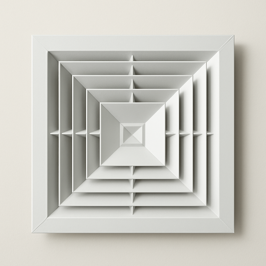 square white metal diffuser face divided into four directional blade sections