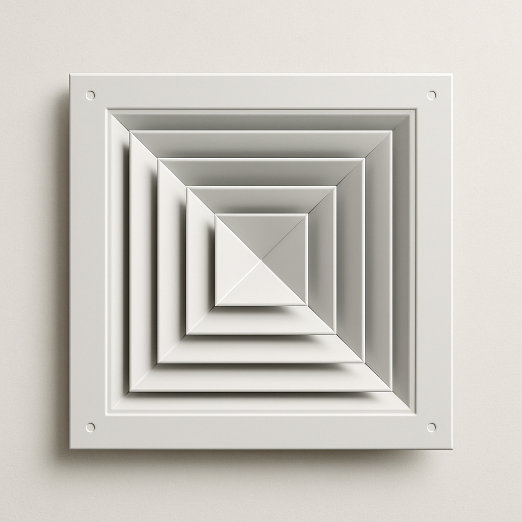 ceiling grid panel view showing a four direction vent with neat outer trim