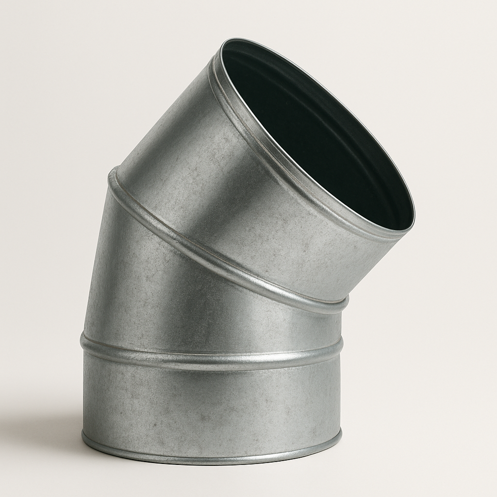 sloped galvanized duct bend laid flat with a soft shadow under the curved body