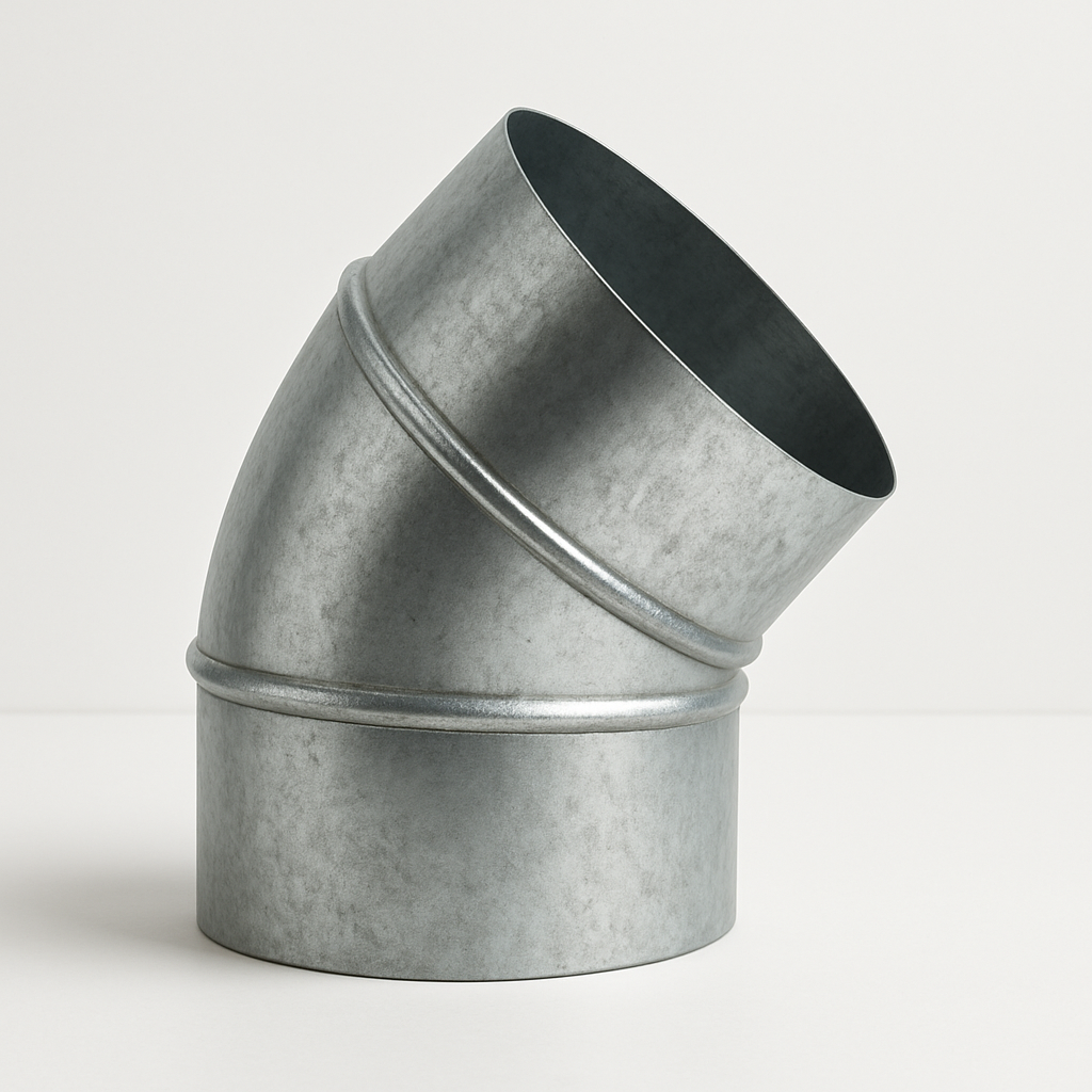 angled round metal fitting shown in three quarter view with crimped rim detail