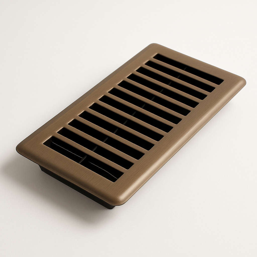 rectangular floor air vent with narrow slats and a satin white metal face