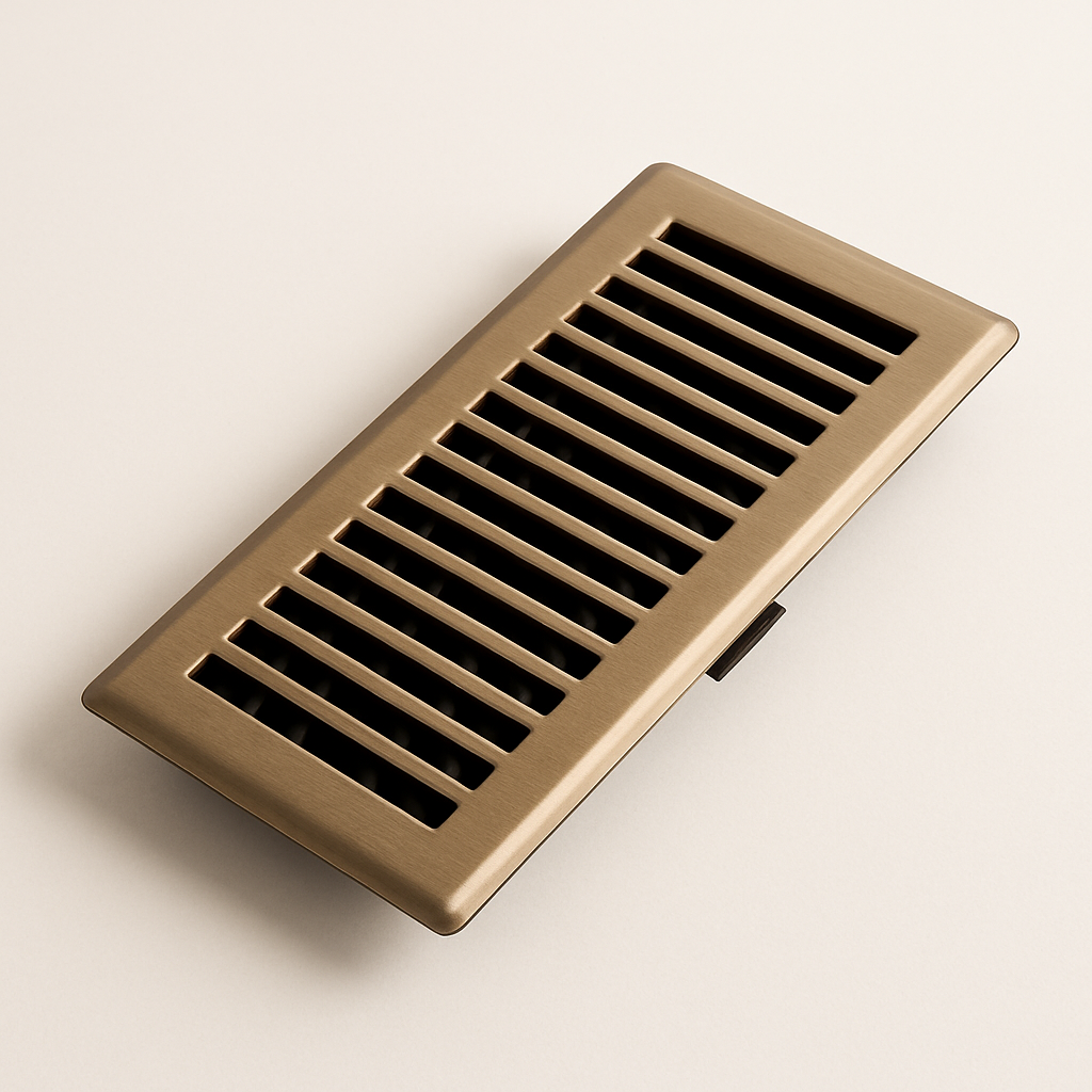 small supply vent shown dropped into a wood floor opening with an adjustable damper