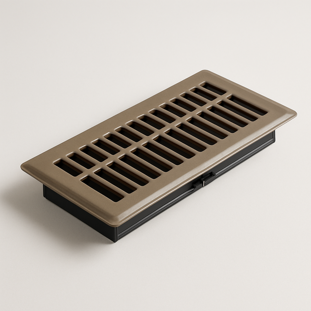 long rectangular floor vent with white metal grille and visible damper lever