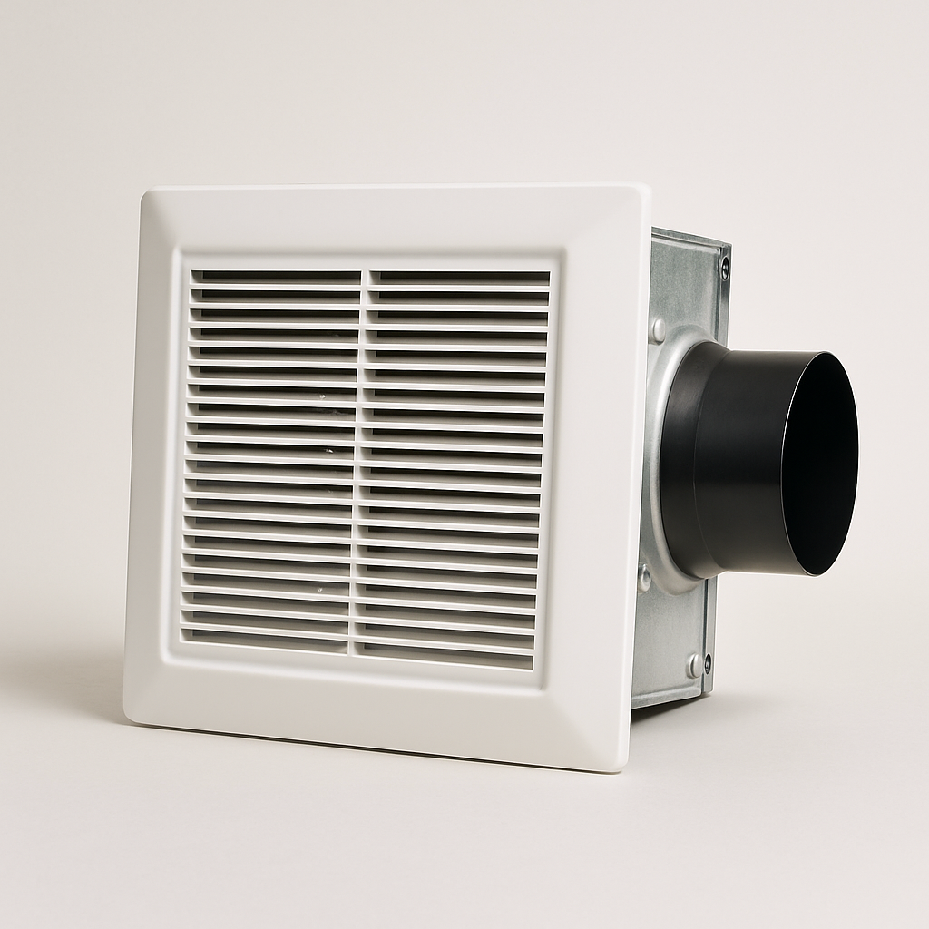 small white ceiling vent fan with square grille shown against a plain wall surface