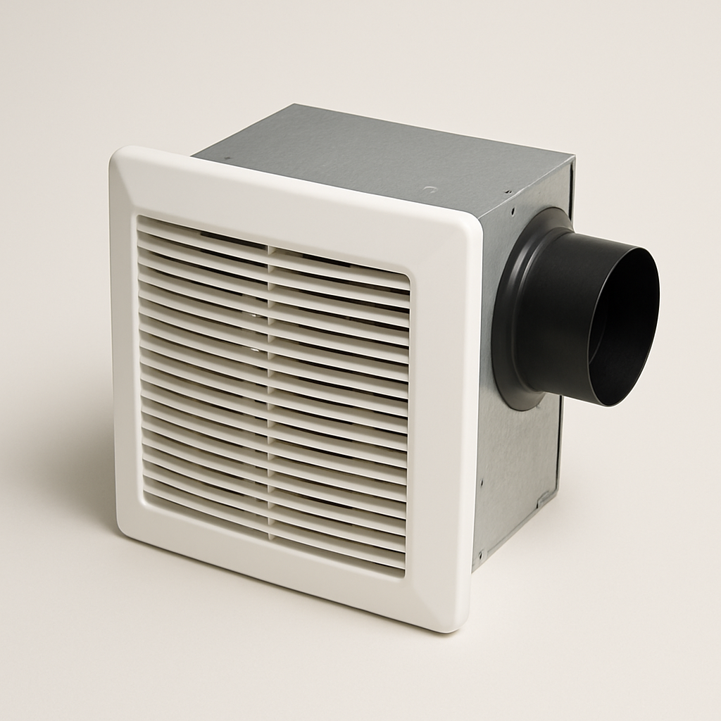 close view of a compact plastic grille with fine slats and a round duct collar behind it