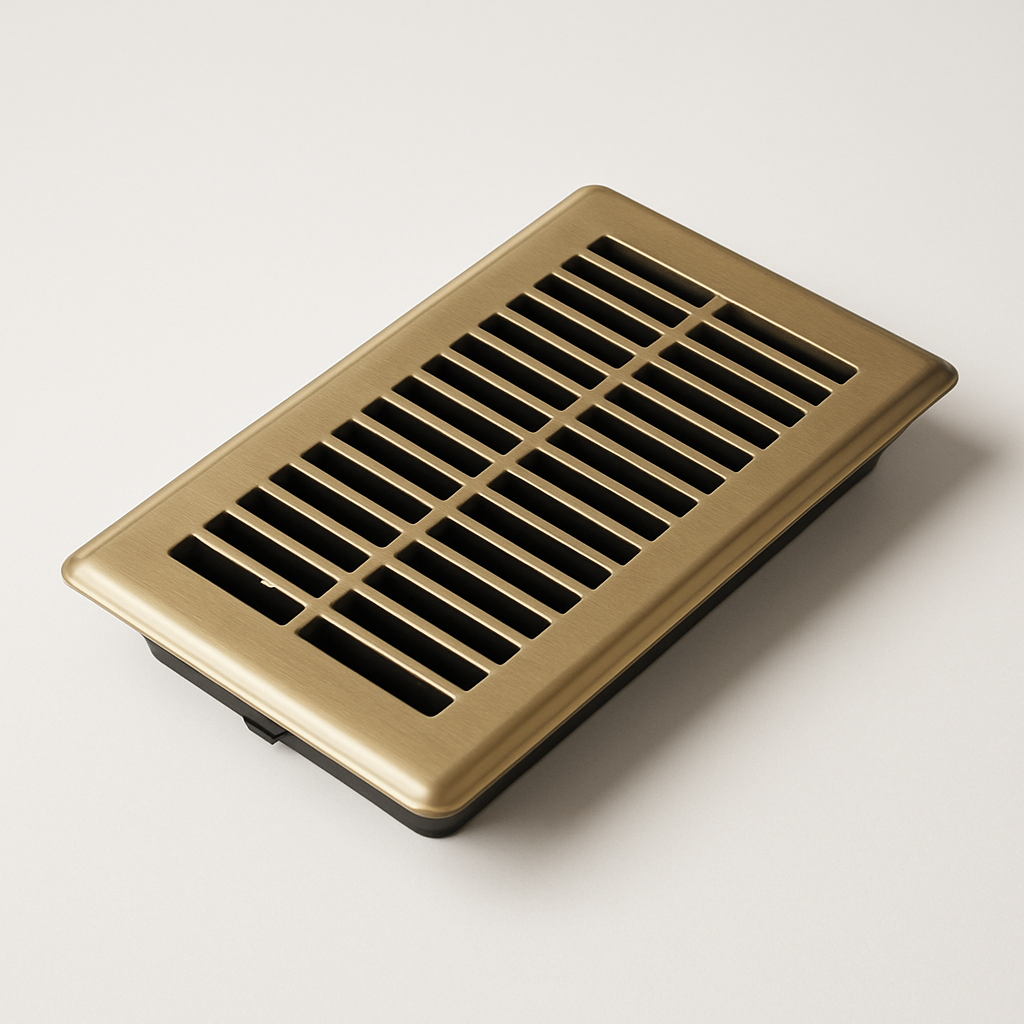wide metal floor vent cover with parallel louvers and a dark damper behind the face