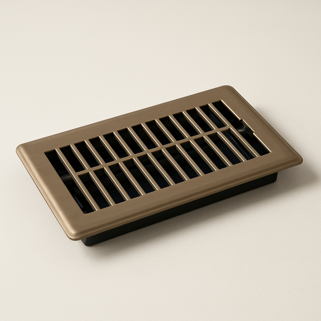 rectangular duct cover shown from an angle on a smooth floor with rounded corner trim