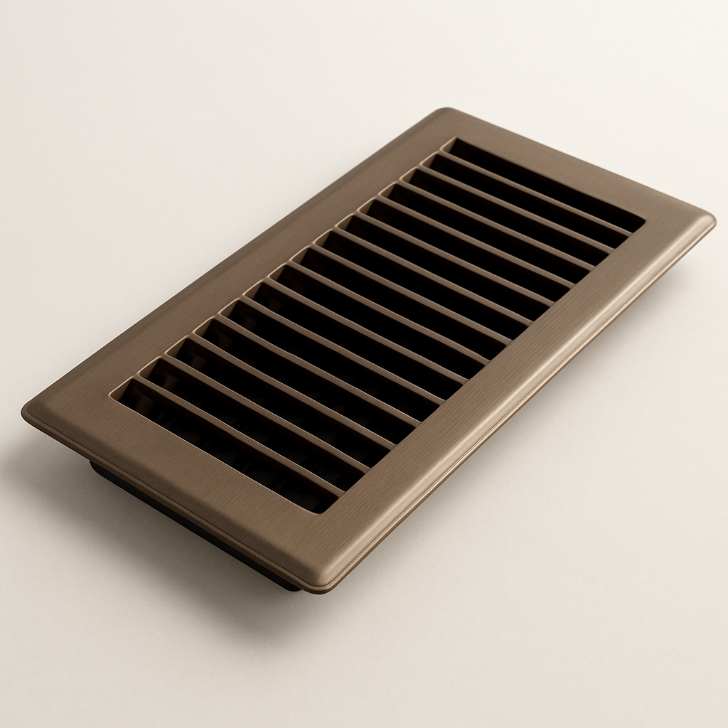 wide supply grille set into flooring with clean edges and a recessed damper control