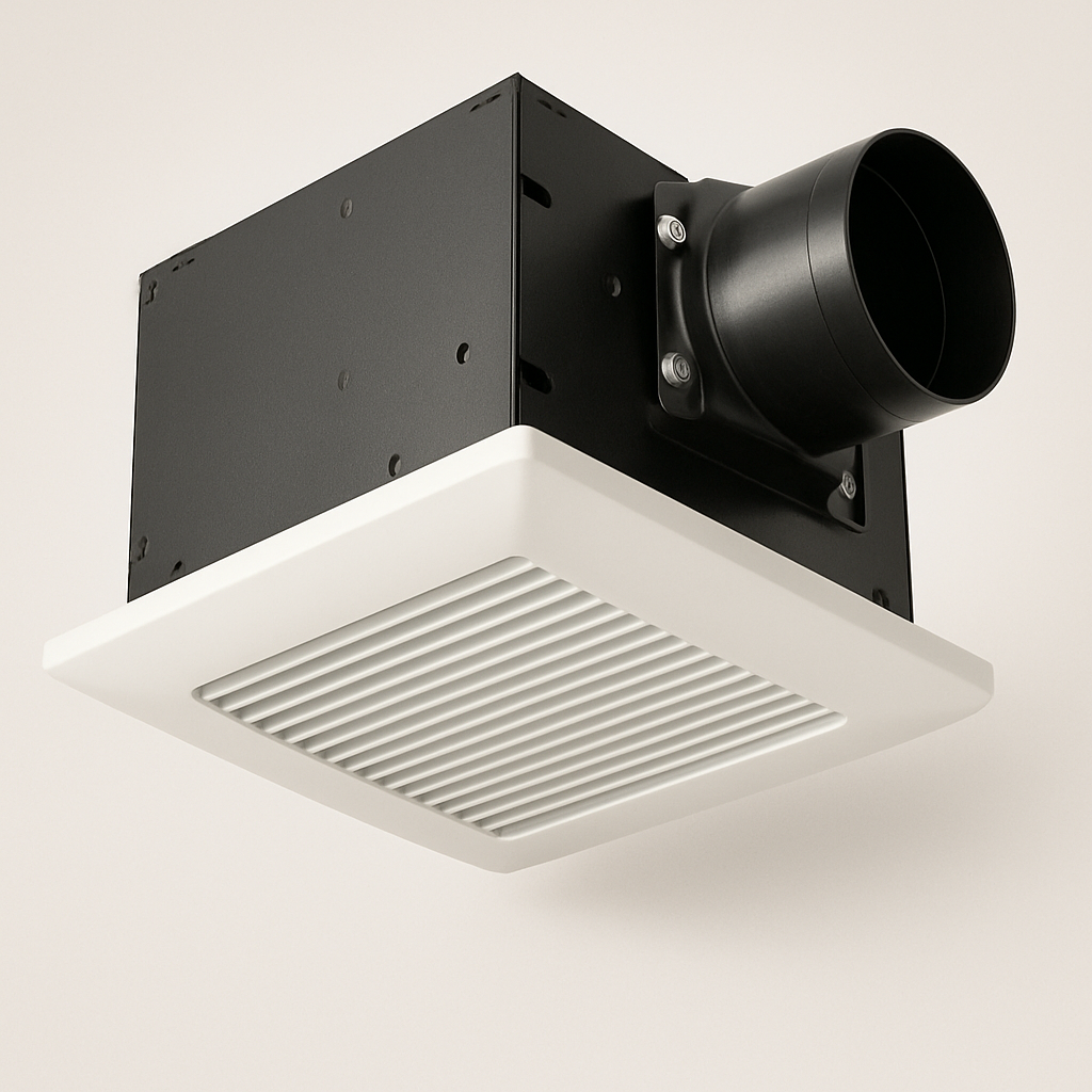white ceiling ventilation fan with a flat square cover displayed on a clean workbench