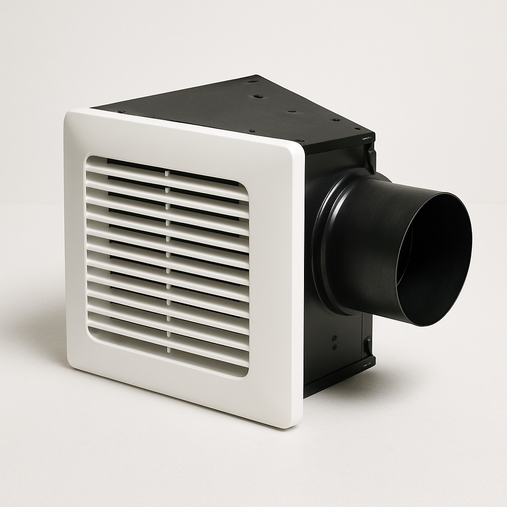rear view of a bathroom vent housing with metal box, duct outlet, and built in damper