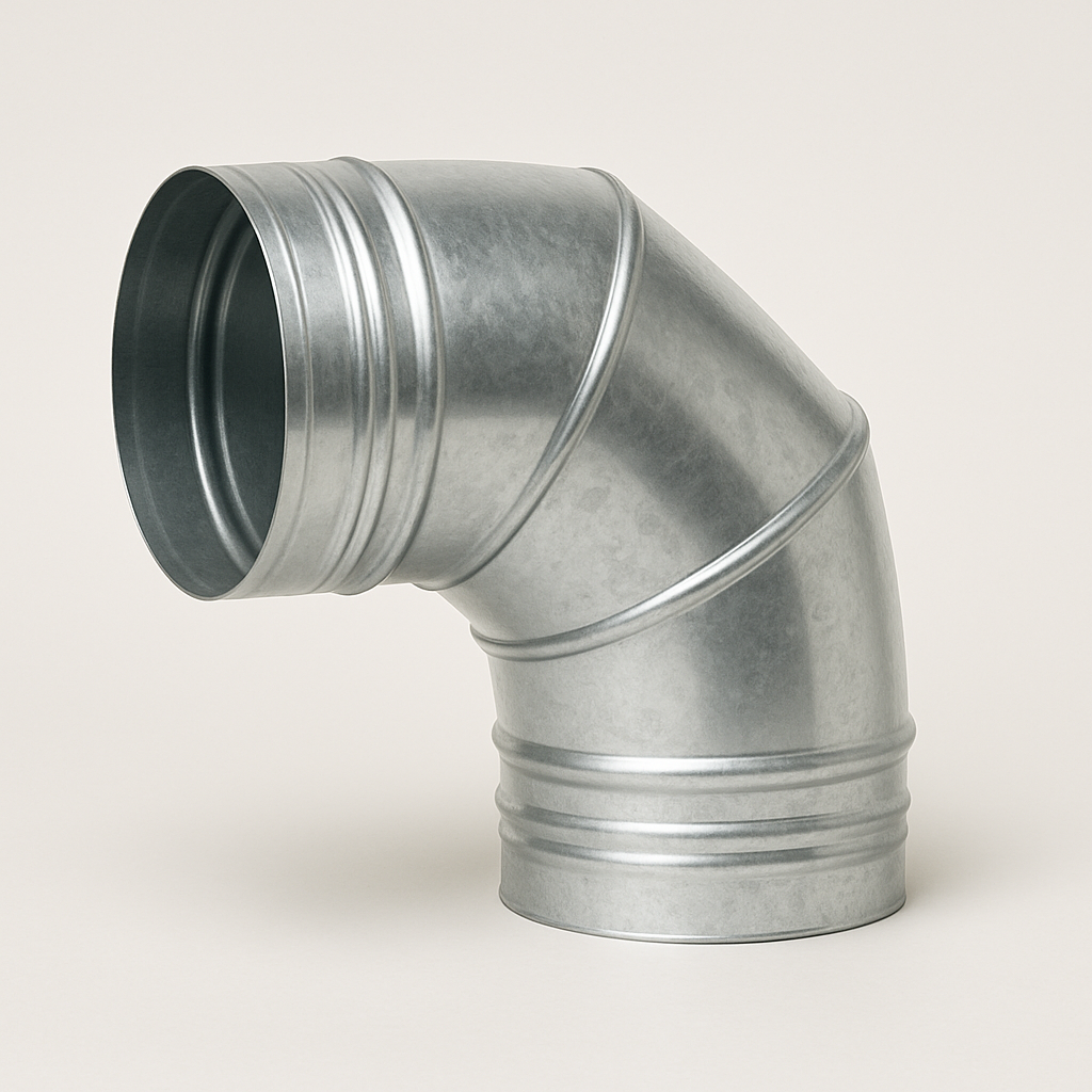 right angle galvanized duct bend standing upright on a white background