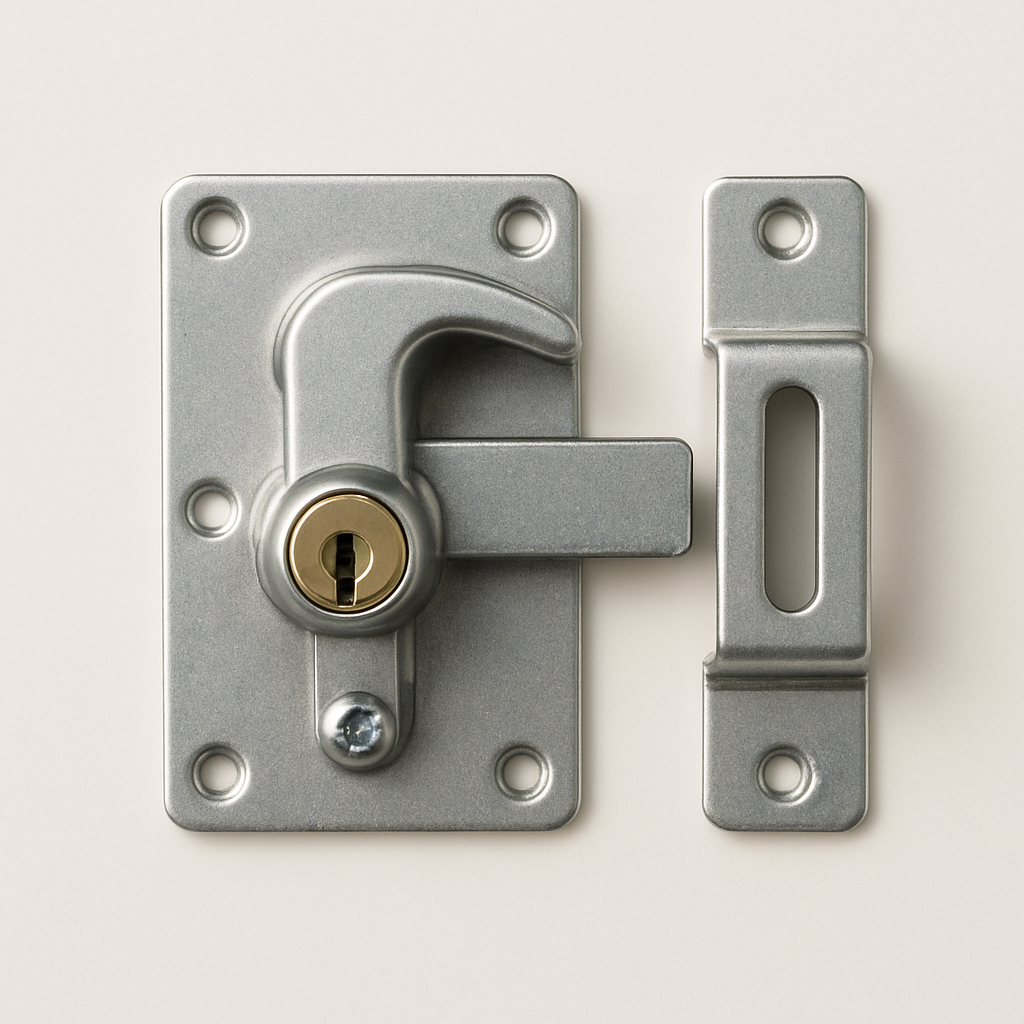 small metal latch assembly on a sheet metal access panel