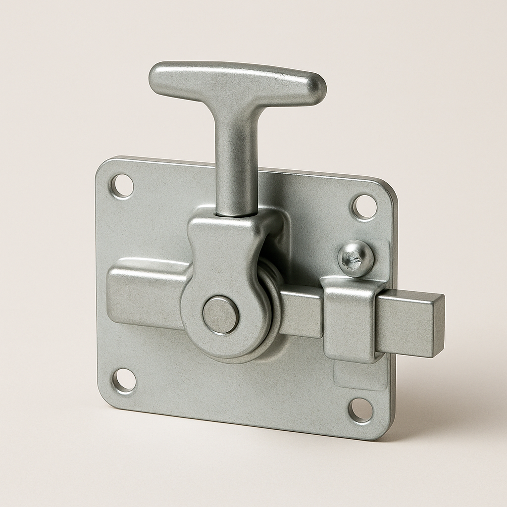 close view of a turn latch with screw holes and brushed silver surface