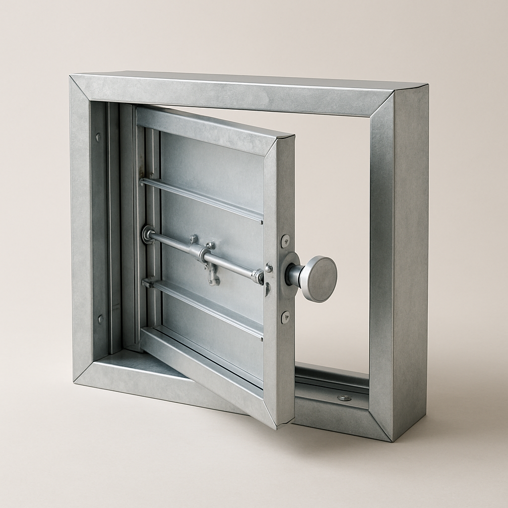 rectangular duct damper with a removable service panel and small latch on the front face