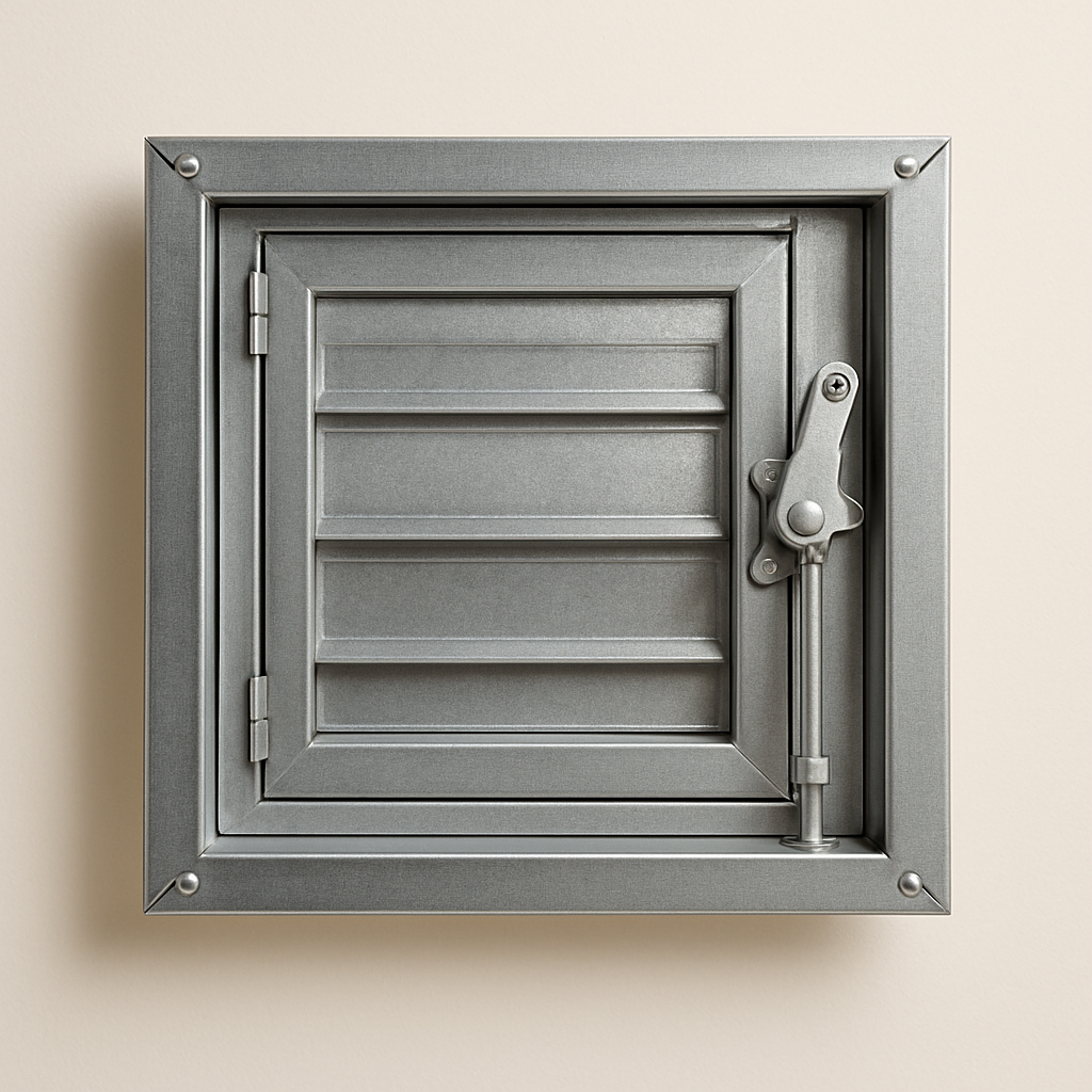 angled view of a galvanized access panel opened slightly to show the internal blade
