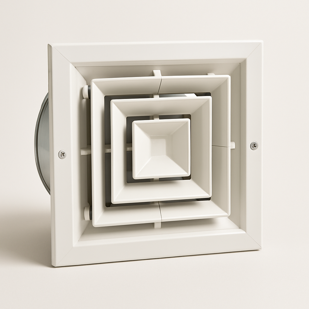 white metal adjustable air outlet with movable fins shown at a slight angle