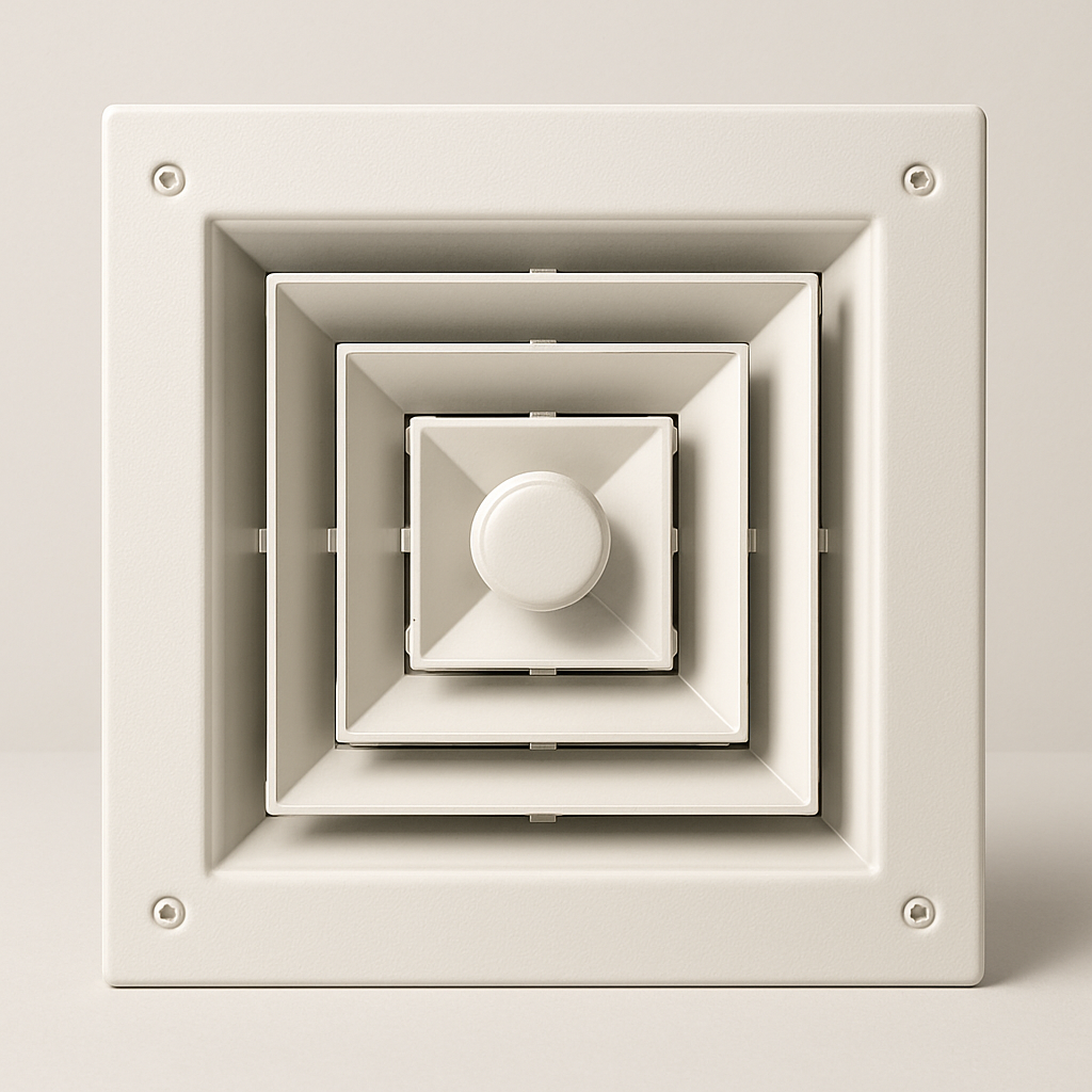 close view of balancing blades inside a wall or ceiling vent frame
