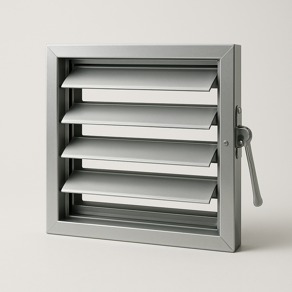 gray metal vent panel shown front on with movable slats set partly open in a wall frame