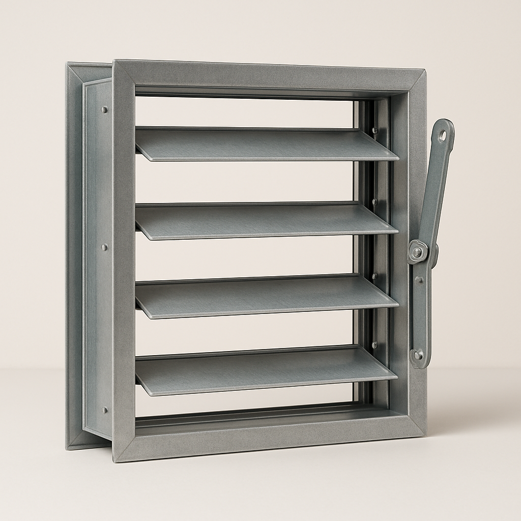 side angle of adjustable horizontal blades showing pivot points and a shallow metal frame
