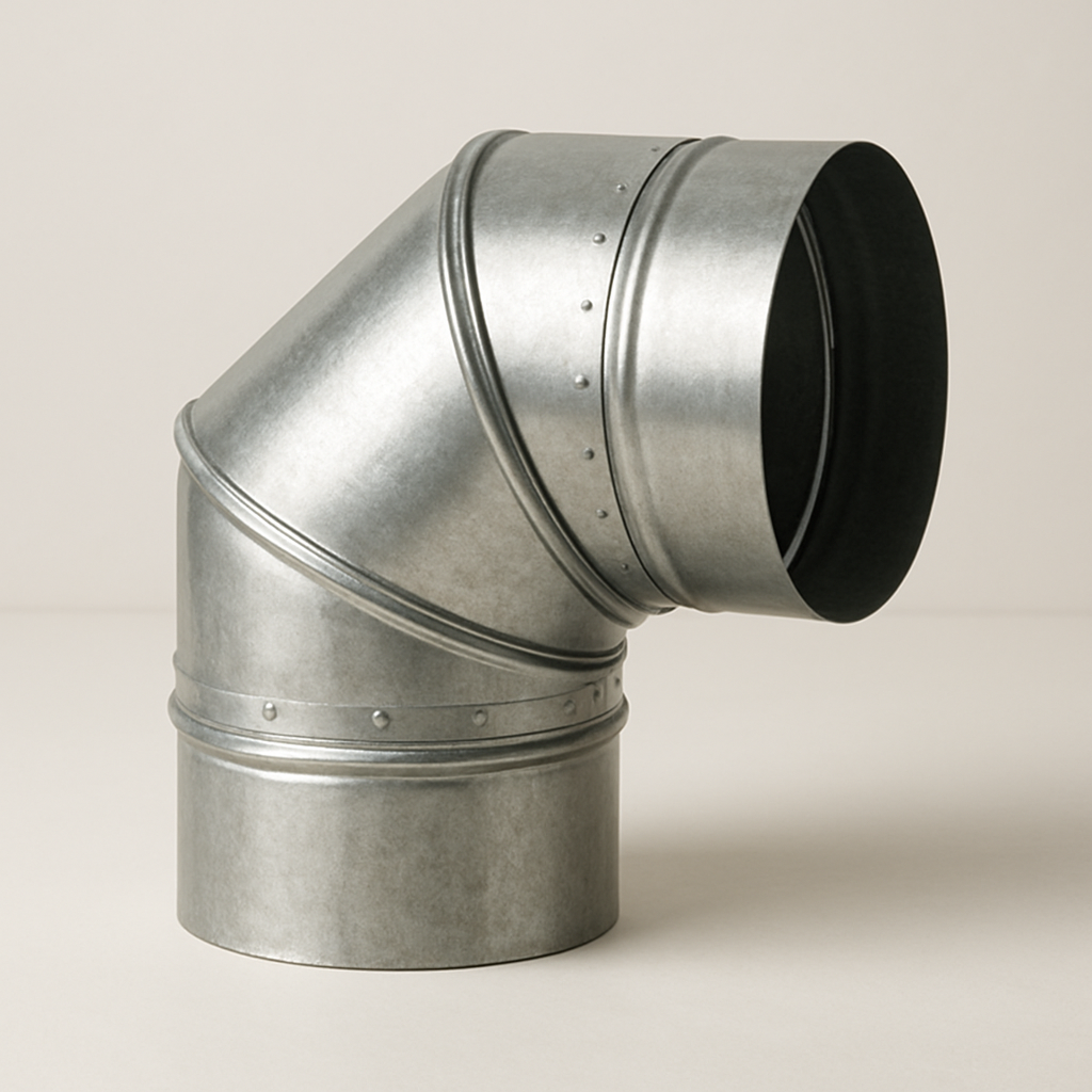 segmented galvanized elbow fitting adjusted to a shallow curve on a grey surface