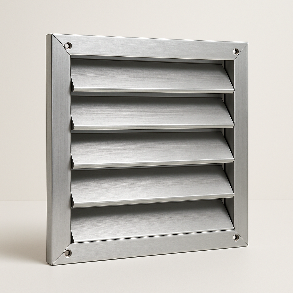 silver aluminum exterior vent with fixed angled blades and a wide rectangular flange