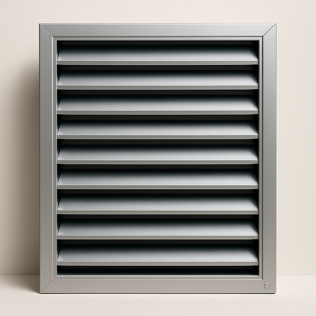 close-up of smooth metallic slats with a brushed surface and shadowed openings between fins
