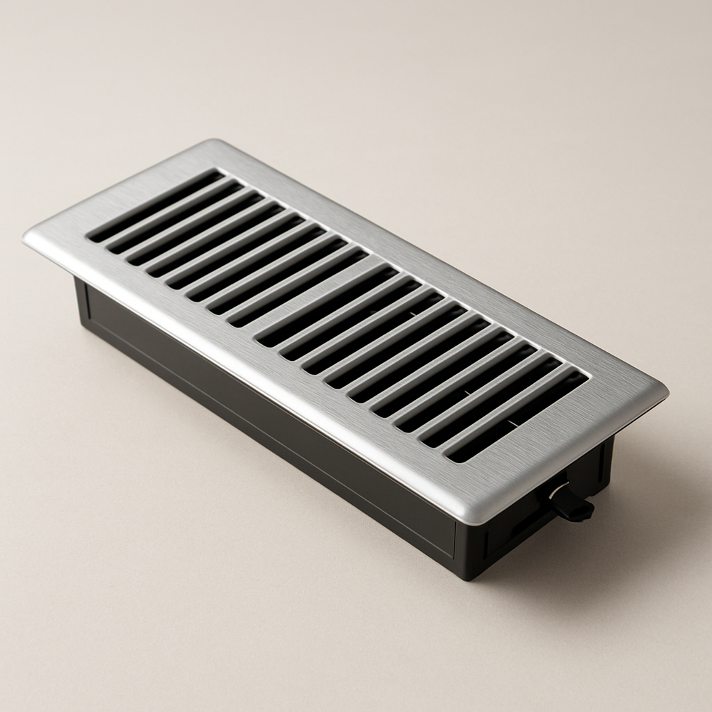 lightweight aluminum air vent with a silver face and narrow adjustable louvers