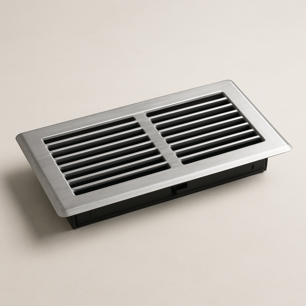 metal floor grille shown on a neutral surface with clean corners and a shallow frame