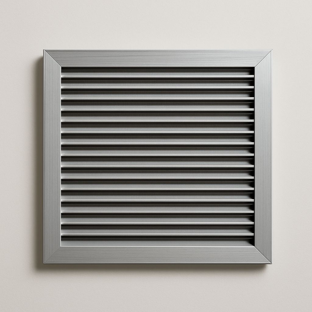 lightweight aluminum grille with a satin silver finish and fixed blades