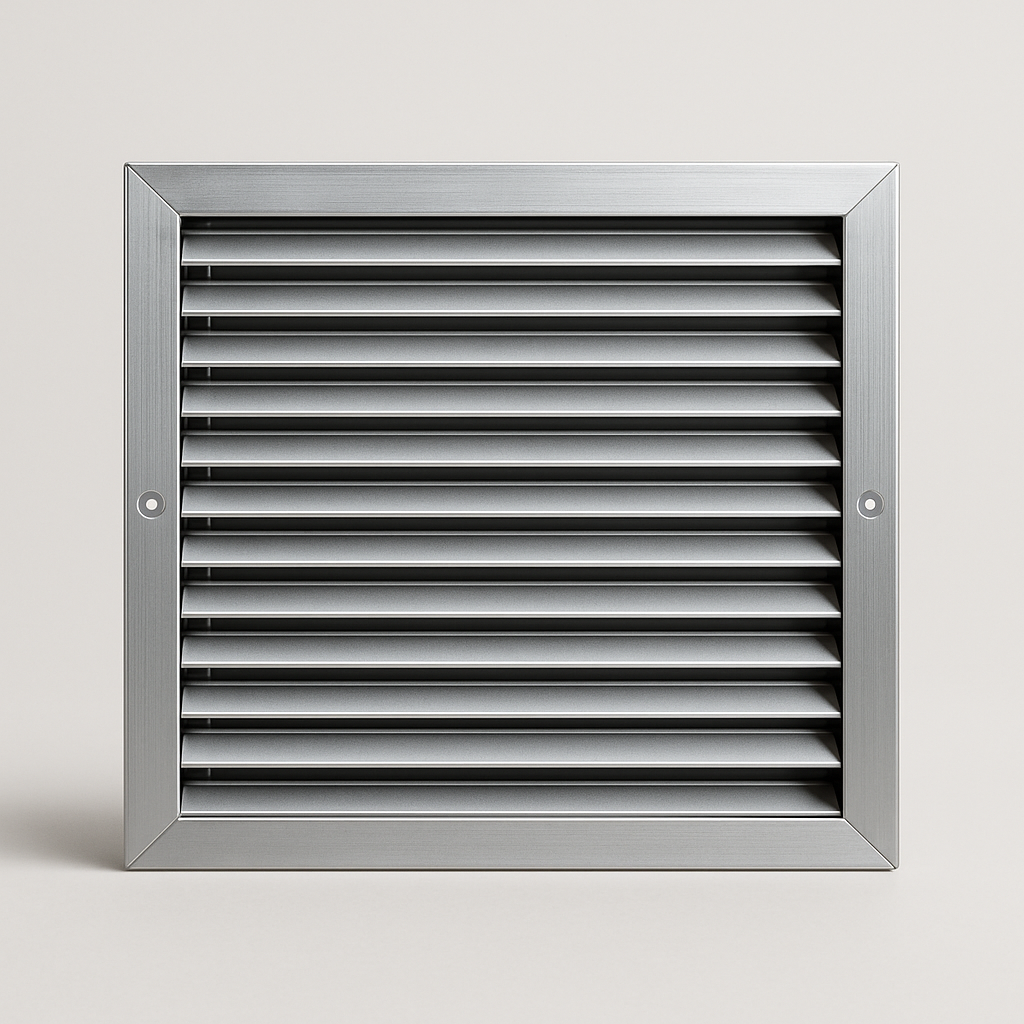close view of smooth aluminum frame corners around angled vent slats