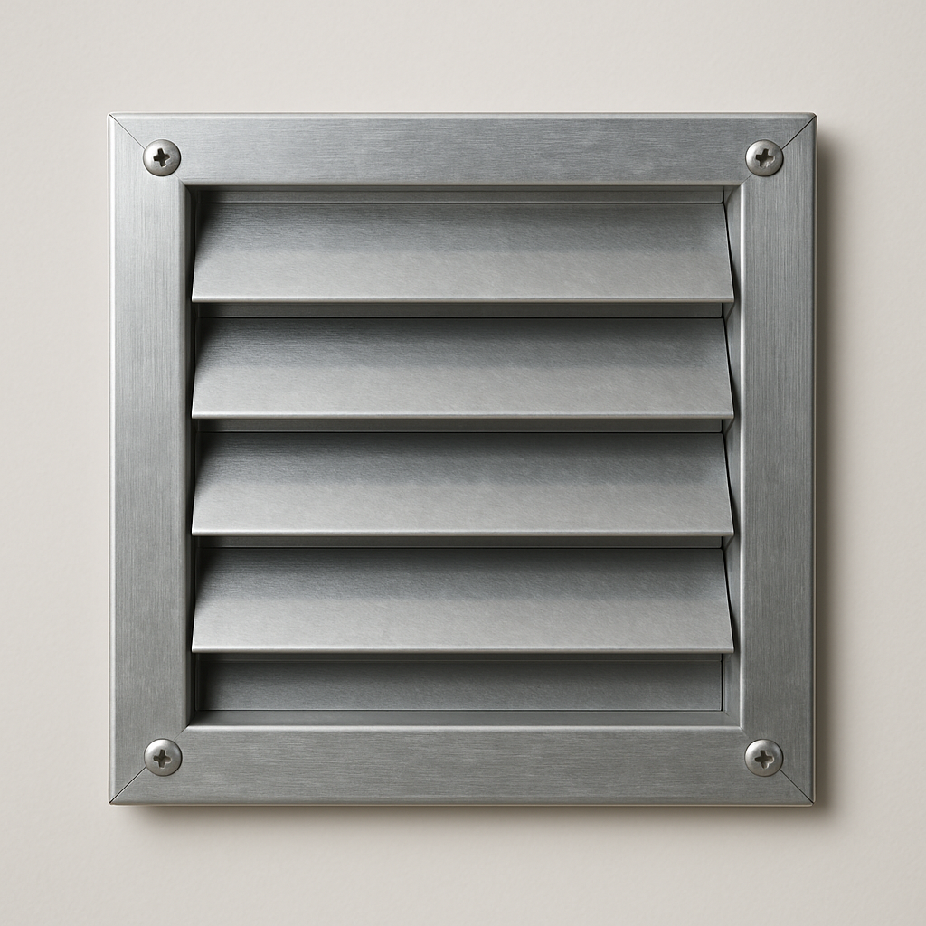 silver aluminum exterior vent cap with brushed finish on a neutral wall