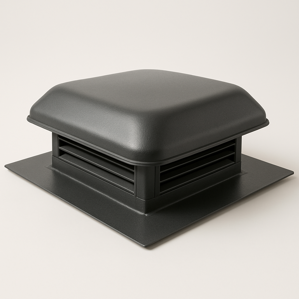 passive attic ventilation cover with horizontal louvers and a dark insect screen