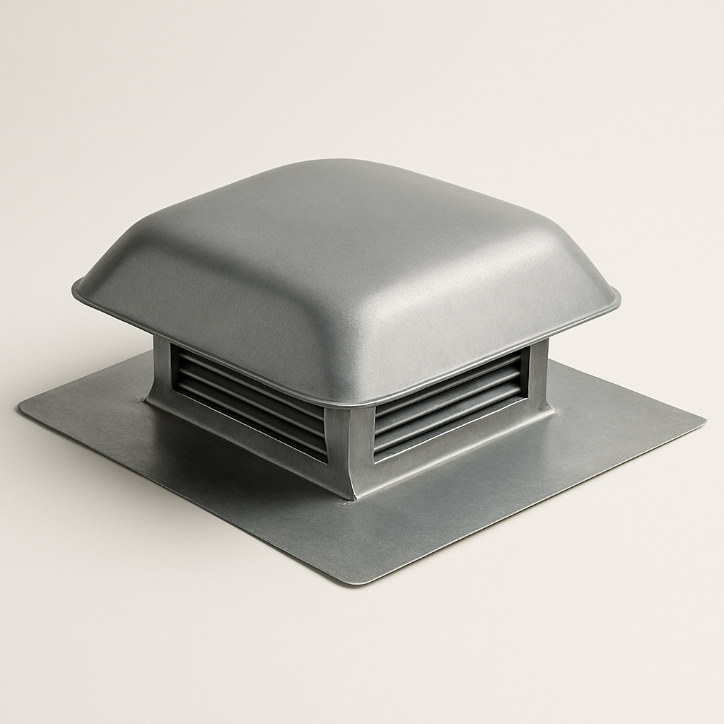 front view of a low metal louvered hood set against a pale studio background