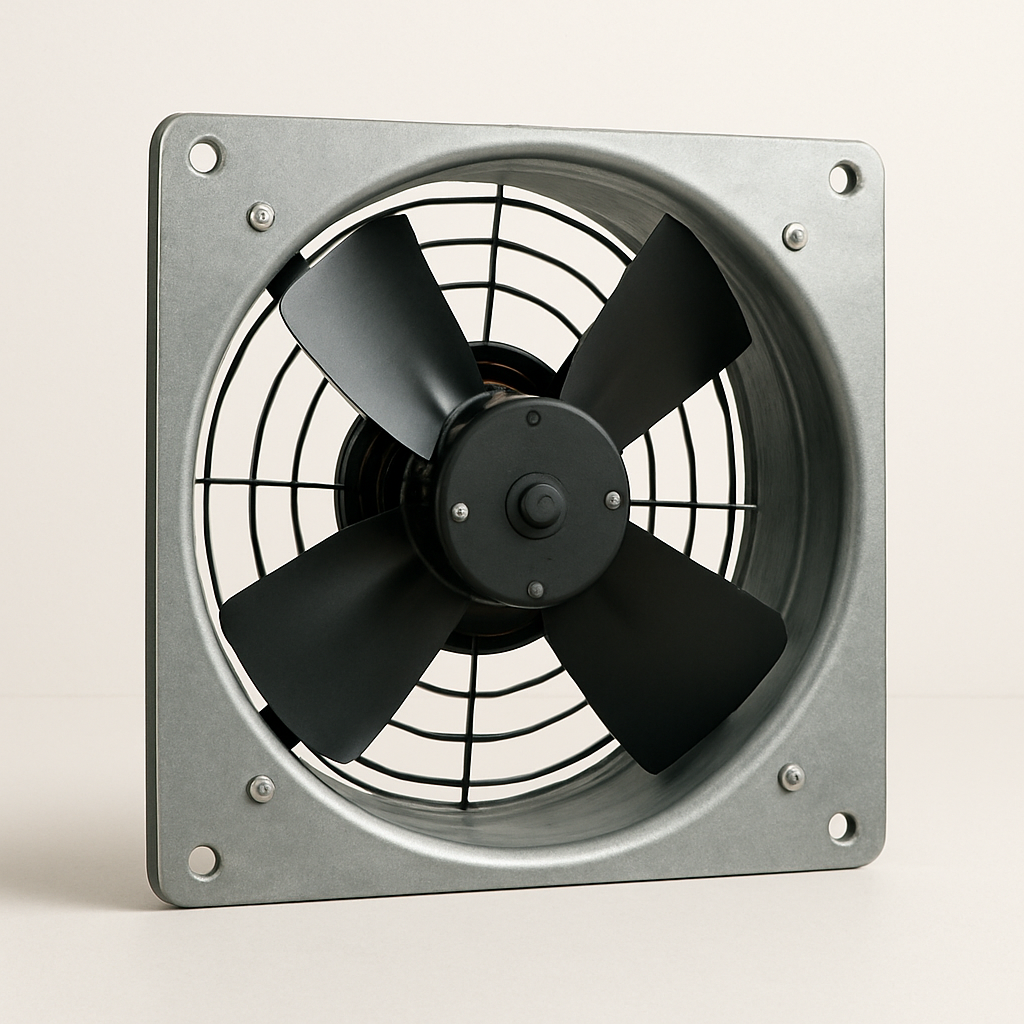 square axial wall fan with circular blade guard and visible black propeller blades