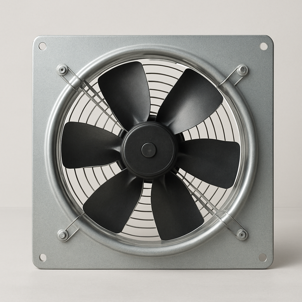 panel mount exhaust fan photographed straight on with metal frame and rear backdraft flap