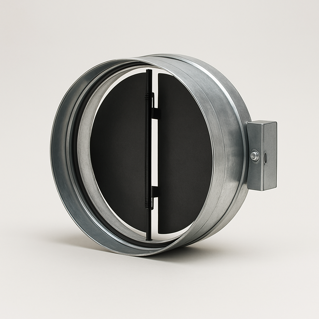 rear view of gravity flaps inside a metal duct frame, shown on a neutral tabletop