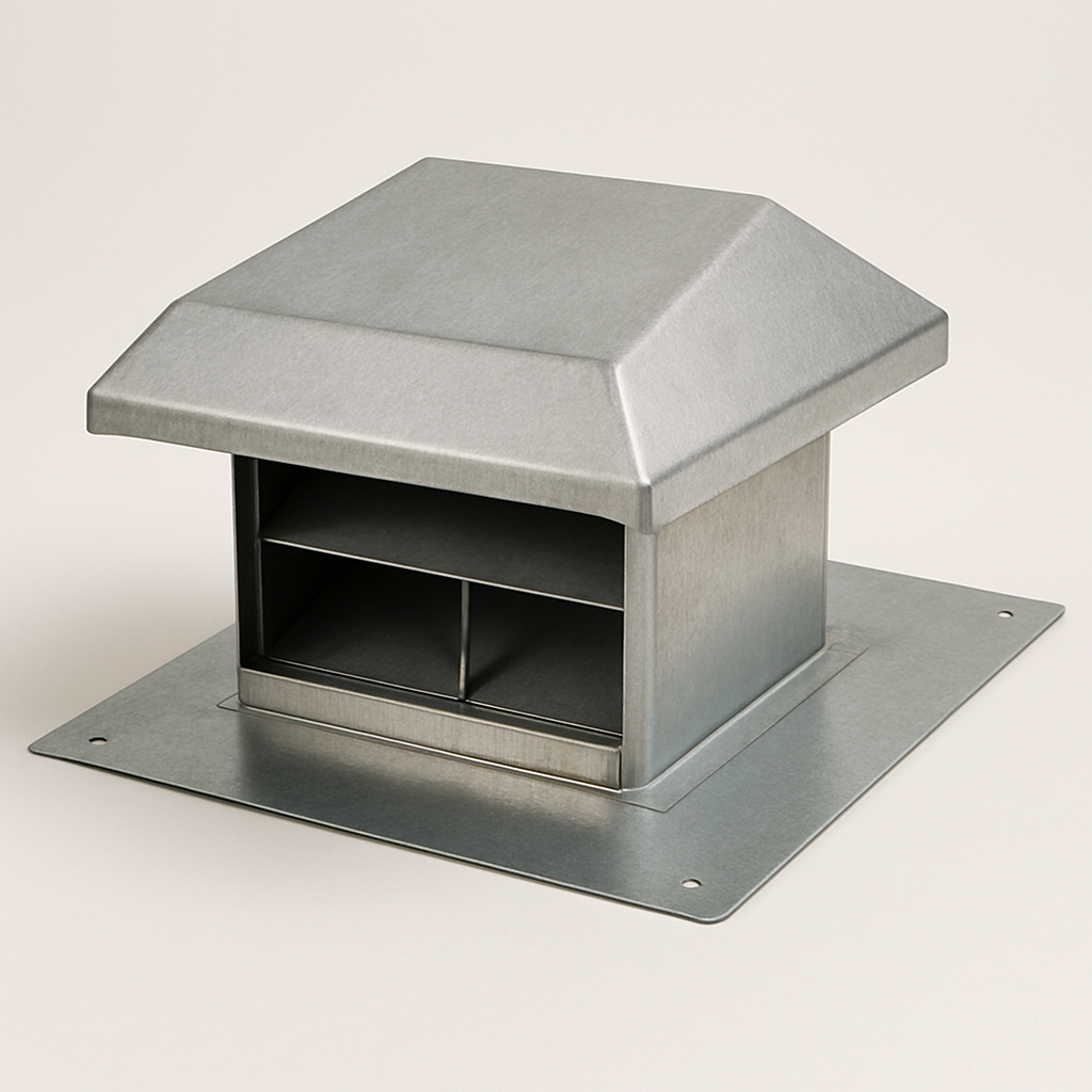 close-up of the hinged damper panel inside a rectangular roof opening