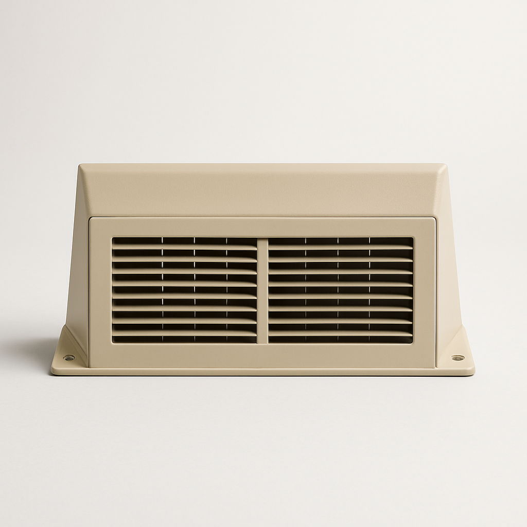 low wall air vent along a baseboard with a long white trim face and open slots