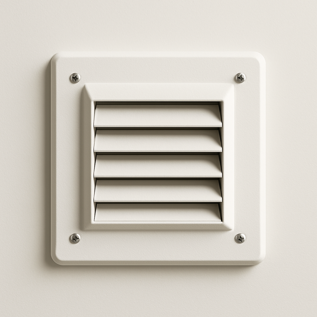 low profile white exhaust grille with narrow slats set into a smooth bathroom wall