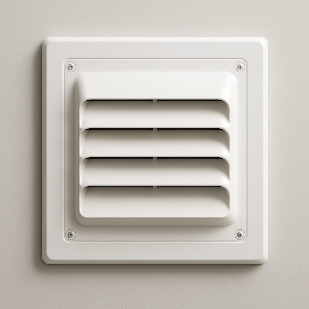 close view of compact plastic vent face showing rear damper flap and screw holes