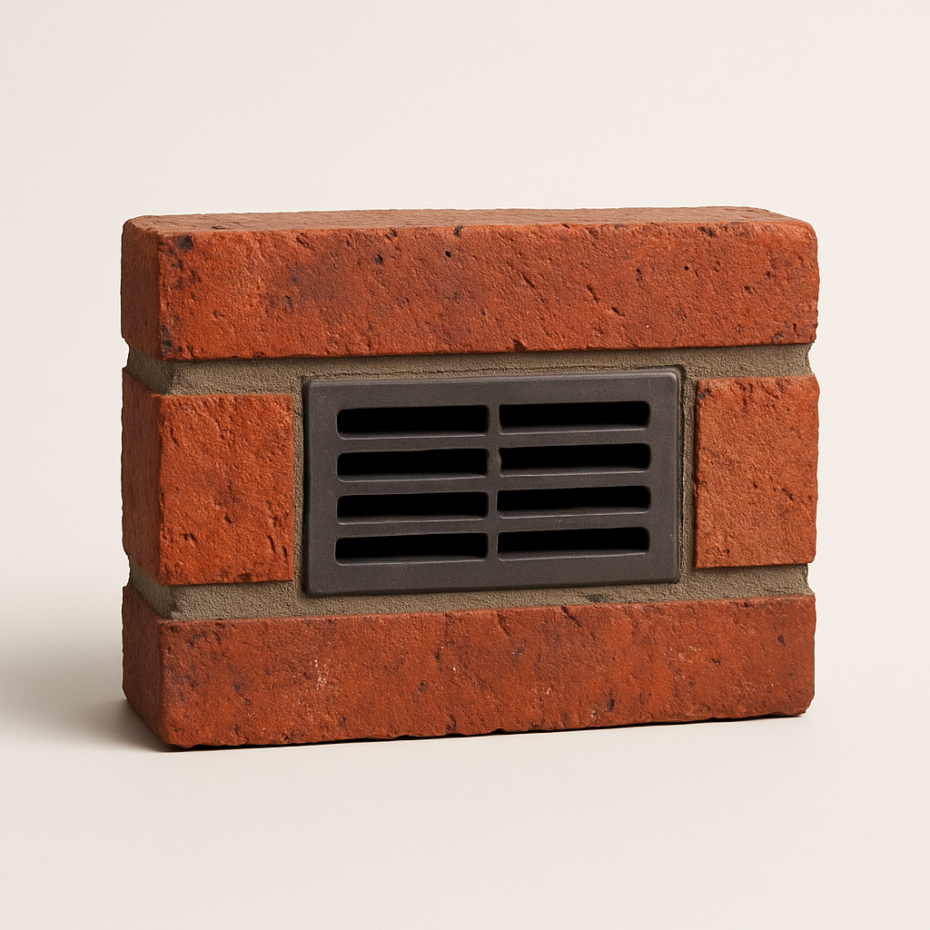 small masonry vent insert with dark screen set between red brick courses