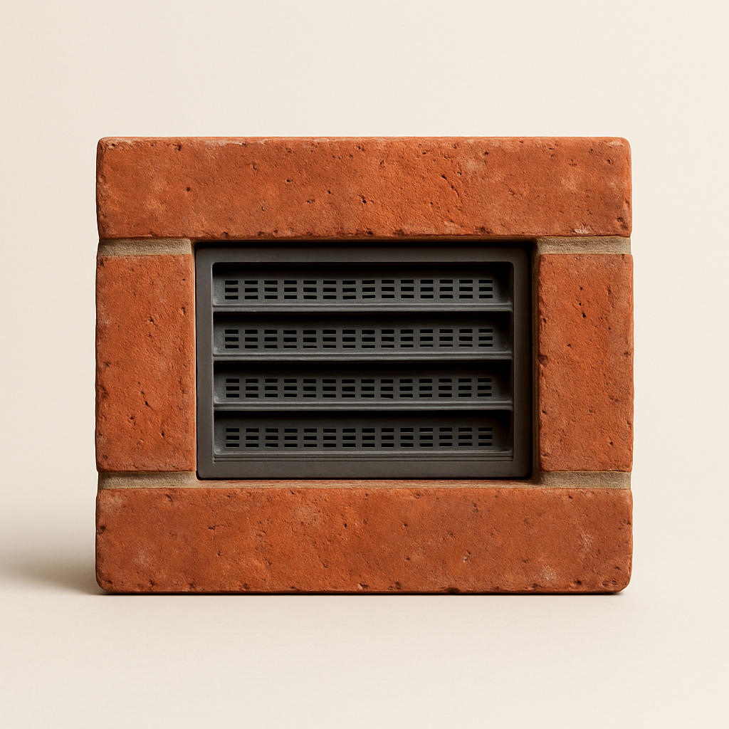 front view of rectangular brick opening covered by a recessed metal mesh grille