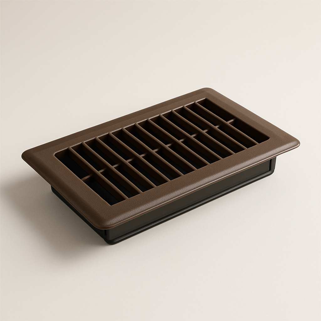 brown floor air vent with a low rectangular profile and evenly spaced slats