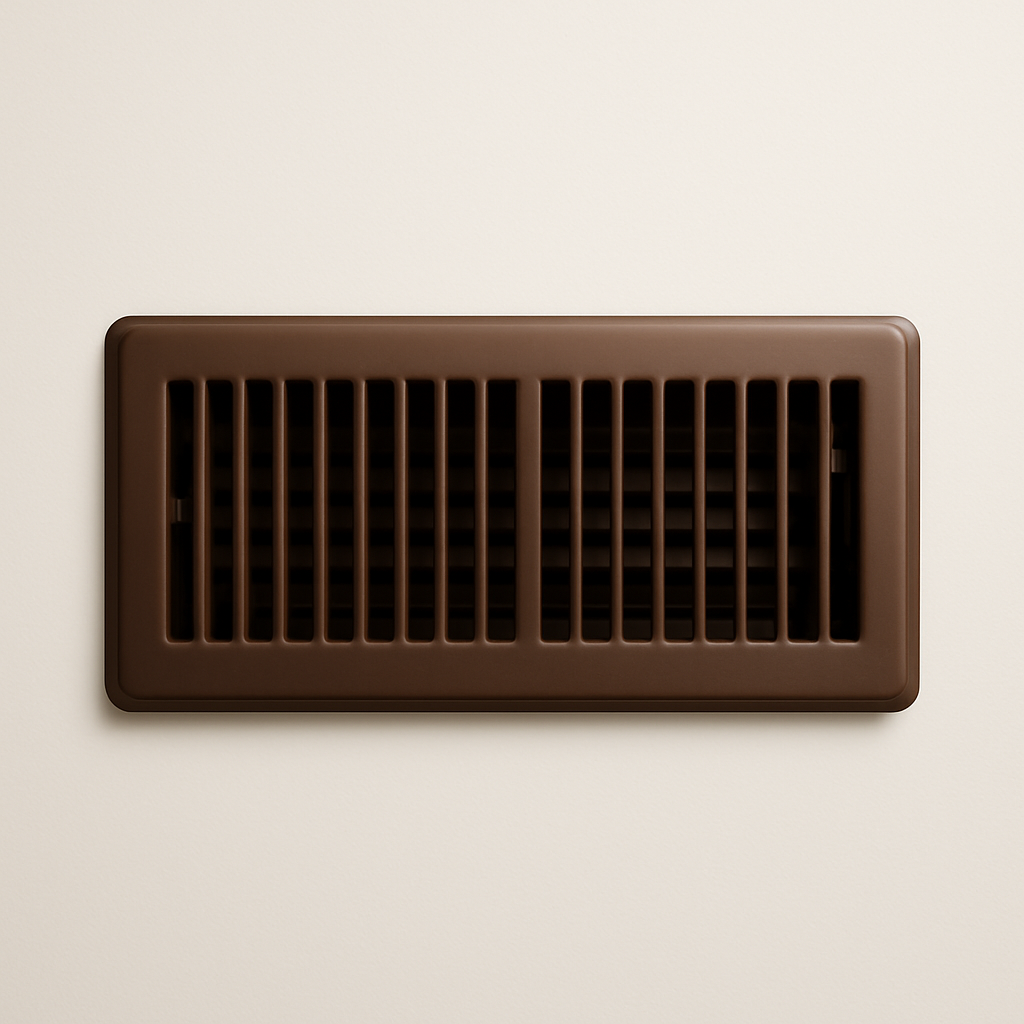 drop in metal register shown on wood flooring with a dark interior damper