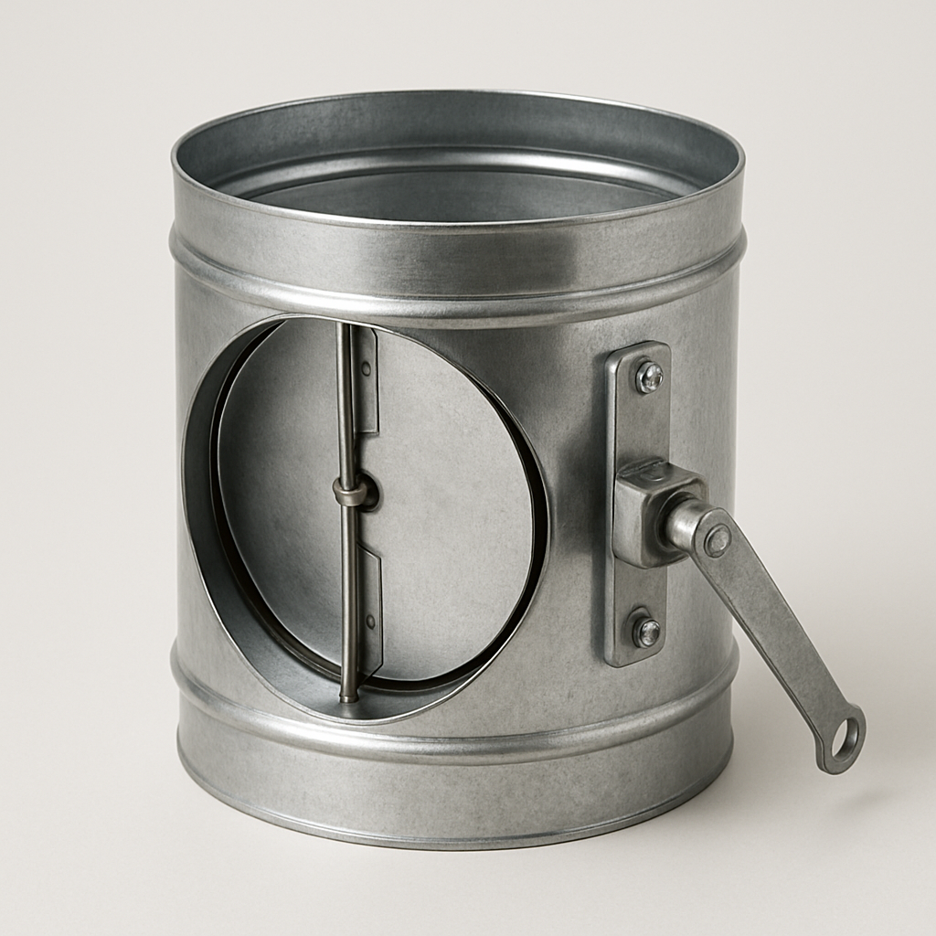 round silver duct sleeve with two semicircular butterfly plates meeting at a center shaft